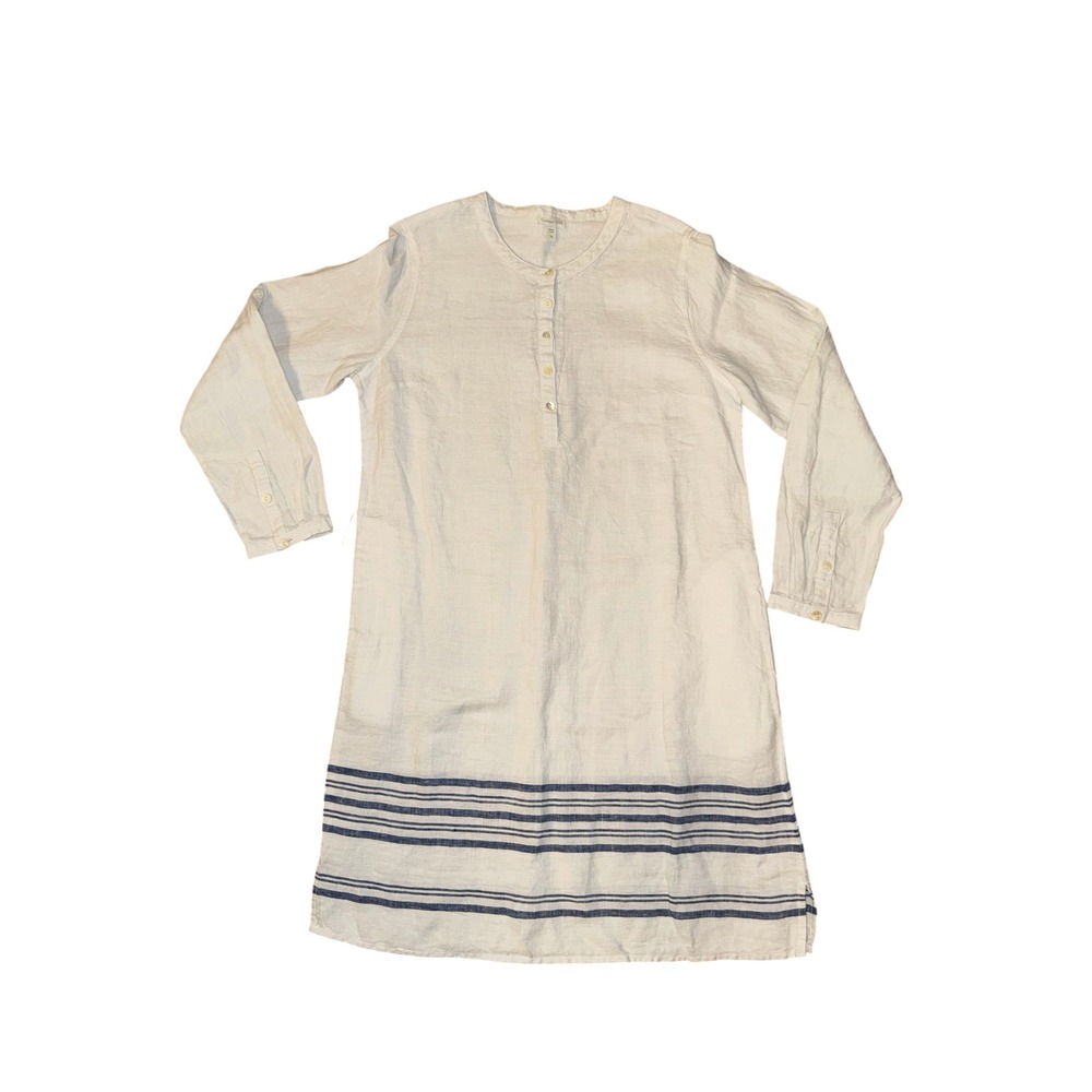 Garnet Hill Tunic Dress Women 12 Ivory Linen Nautical Stripe Shift Long Sleeve